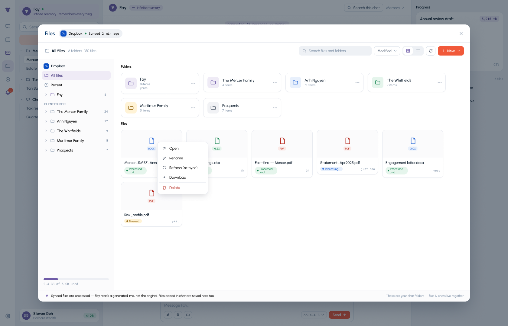 Fay's file browser showing client folders, advice documents, spreadsheets and other files connected to client work
