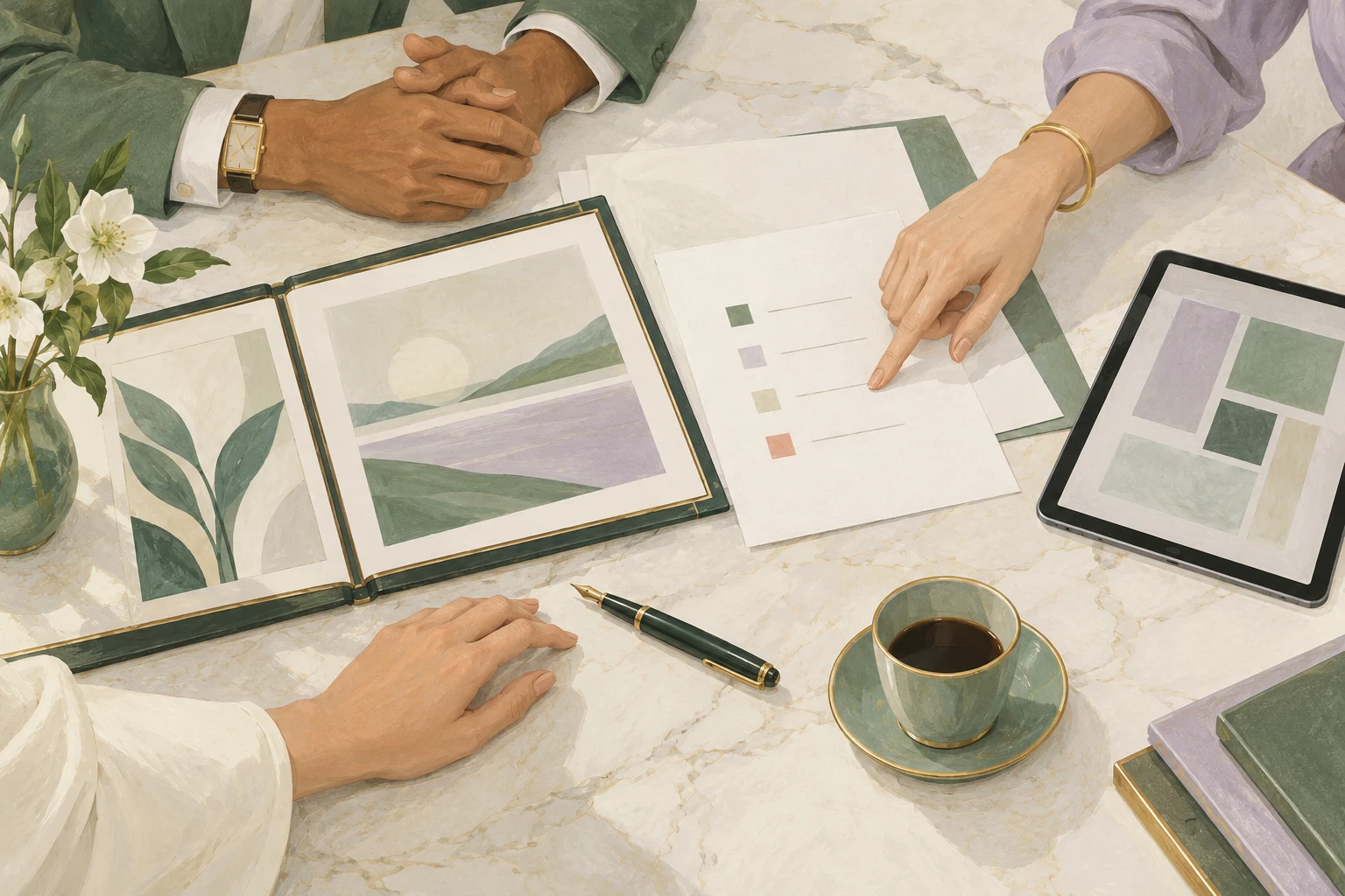 Close-up of an adviser and clients considering their next steps together around a meeting table