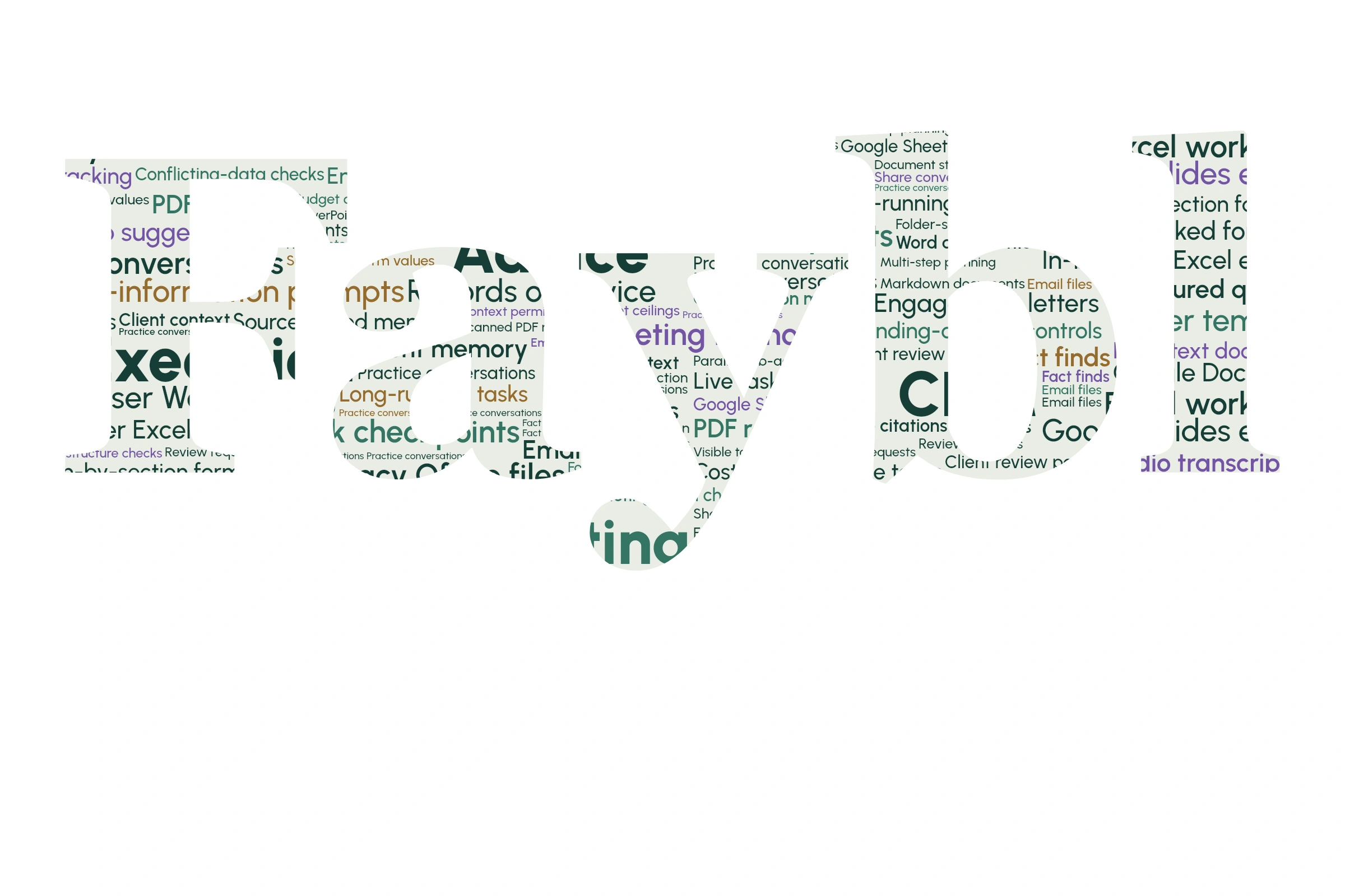 Faybl, stencilled over a varied field of capabilities: client context, meetings, documents, planning and approvals. 