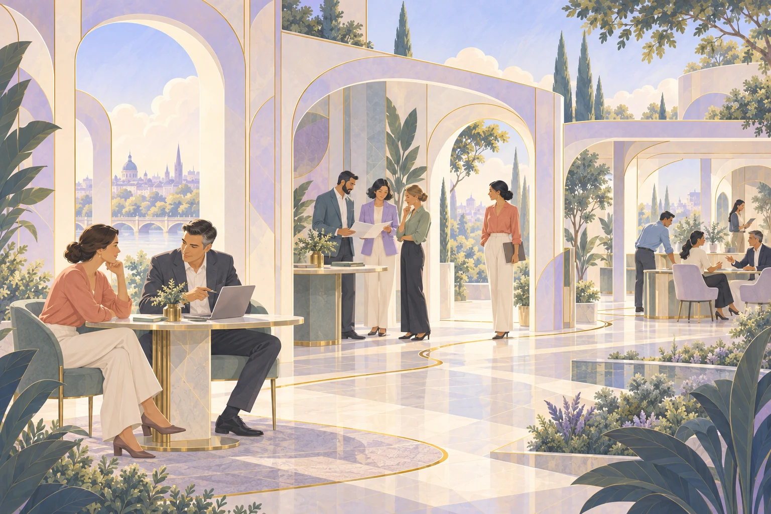 Small teams connecting across open art-deco pavilions, with a colleague choosing when to join the next stage