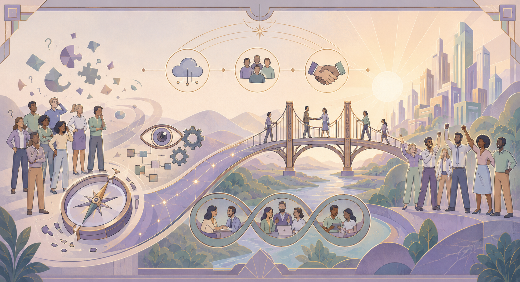 Art Deco illustration of people moving from uncertainty through shared understanding and partnership toward a flourishing future