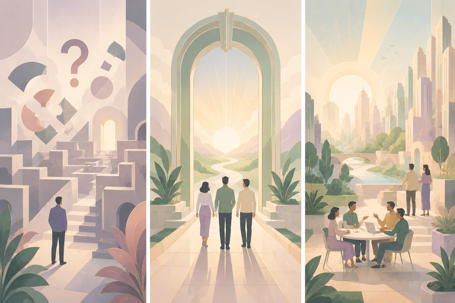 Art Deco triptych showing a path from uncertainty through a shared gateway to people working together in a flourishing financial-services future