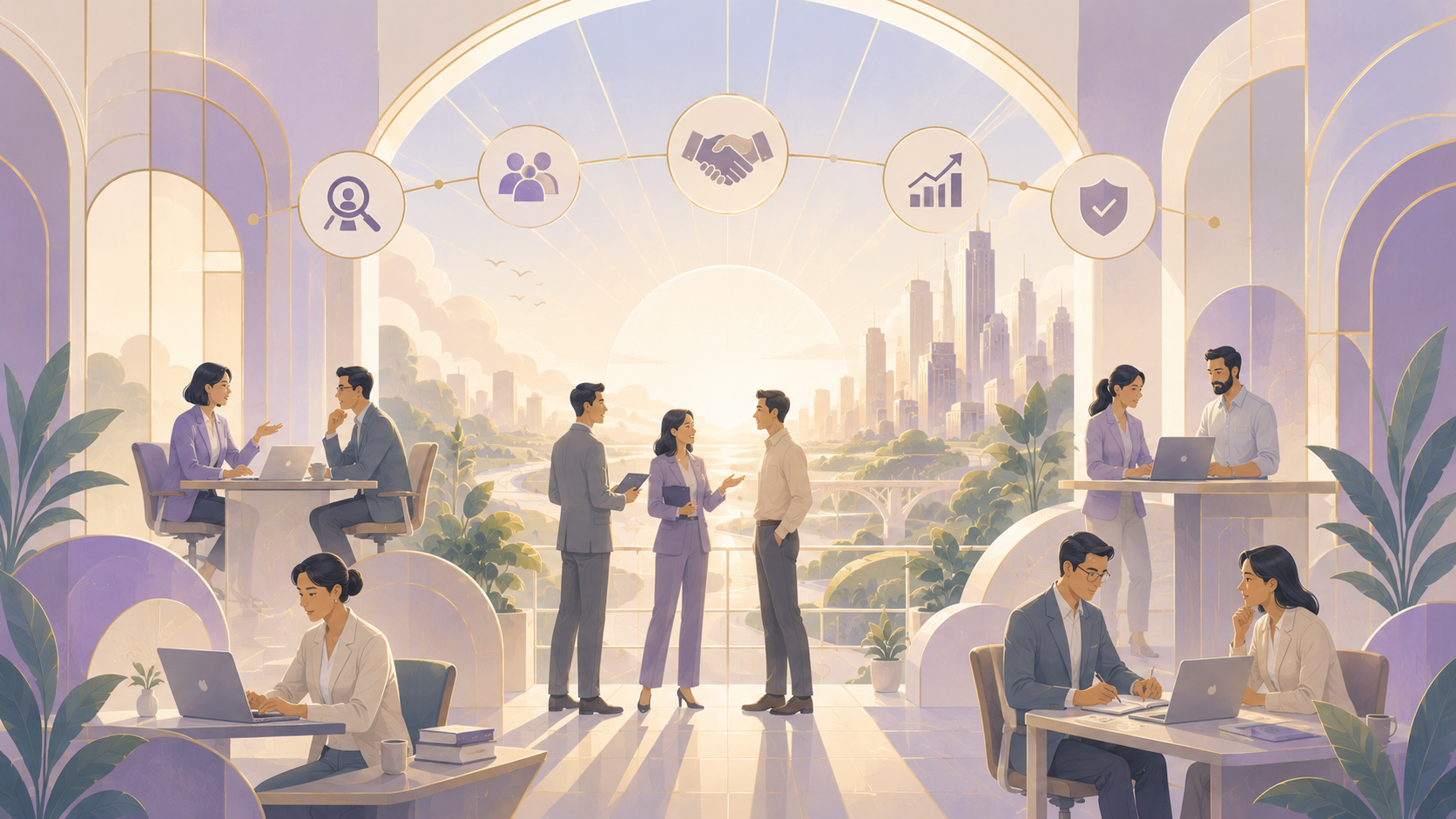 Art Deco illustration of financial-services professionals collaborating in a bright, safe, and growing enterprise