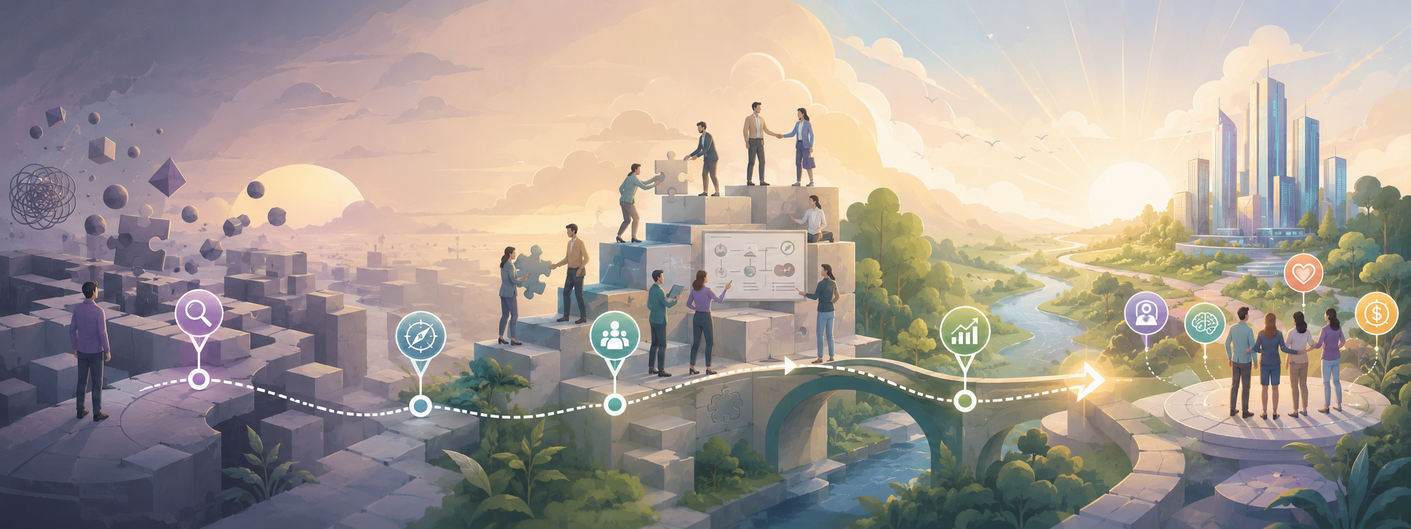Illustrated transformation journey from uncertainty through consulting and collaborative change toward a better future for clients, shareholders, and people