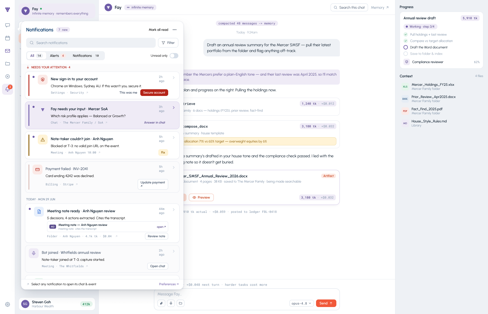 FAYBL agent identifying events, exceptions, affected clients, and recommended actions
