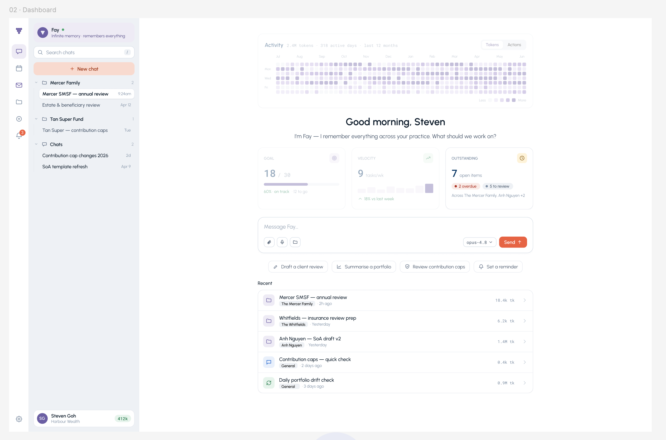 FAYBL adviser cockpit showing client work, activity, priorities, and recent context