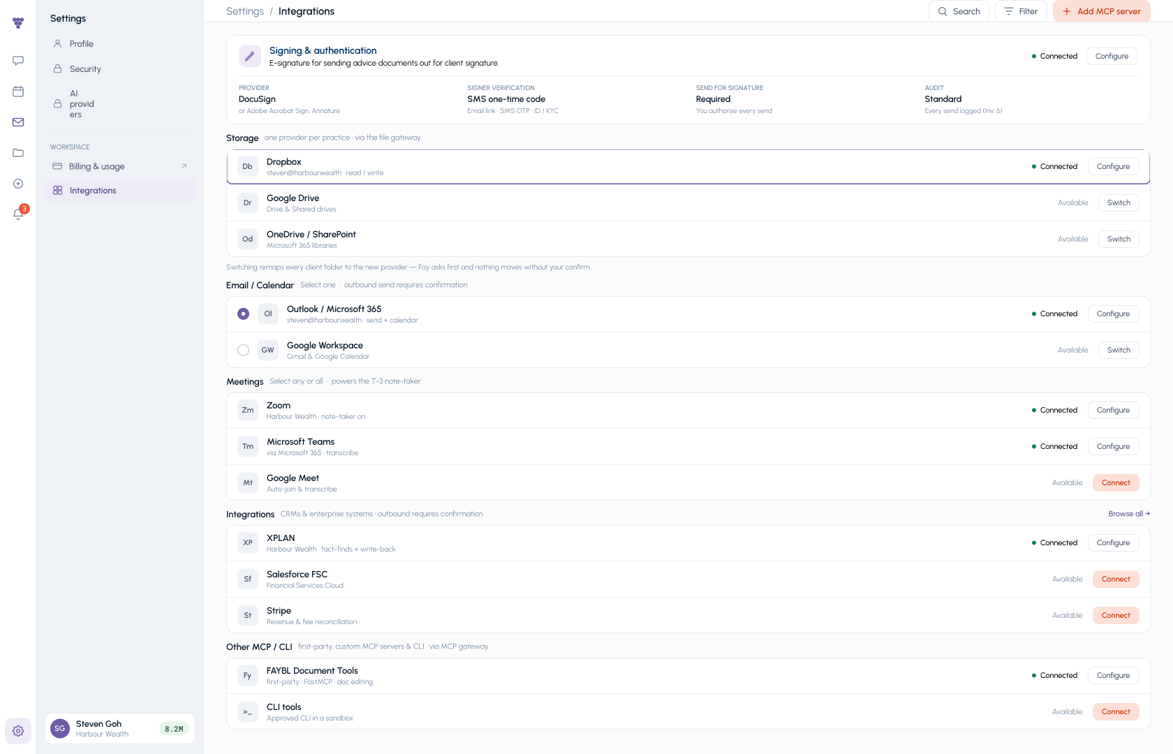 FAYBL secure integrations for frontier models, email, meetings, storage, CRM, and planning systems