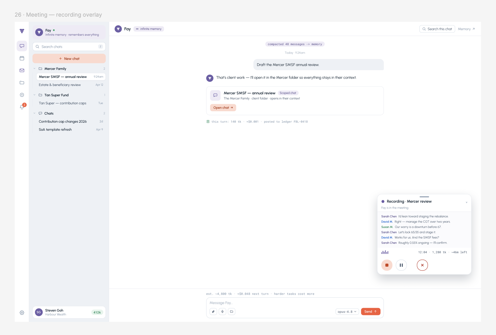 FAYBL live meeting capture with client context and transcript